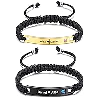 MeMeDIY Personalized Bracelet Nameplate Date Engraved ID Matching Bracelets for Women Men His and Hers Couples Custom Anklet Adjustable Handmade Braided Rope Stainless Steel Tag Lover