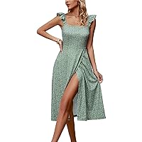 VETIOR Womens Spring Cute Cap Sleeve Square Neck Floral Sun Dresses Summer Casual Midi Wedding Guest Dress for Women 2024