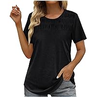 Womens Summer Tops 2024 Trendy Short Sleeve Shirts Smocked Crew Neck Tee Fashion Casual Textured Loose Tunic Blouse