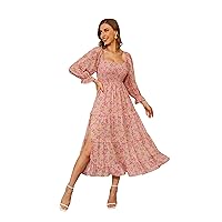 R.YIposha Women's Summer Bohemian Dress Puff Sleeve Ruffled Floral Print Casual Off Shoulder Long Dress