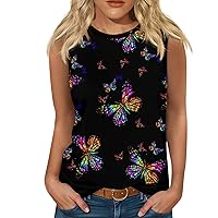 Racerback Tank Tops for Women 2024 Butterfly Floral Prints Tank Tops Crew Neck Sleeveless Summer Casual Tee Shirts