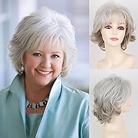 Short Grey Wigs for White Women Natural Curly Short Layered Silver Gray Pixie Cut Wigs with White Bangs Synthetic Hair Silver Wigs for Older Women