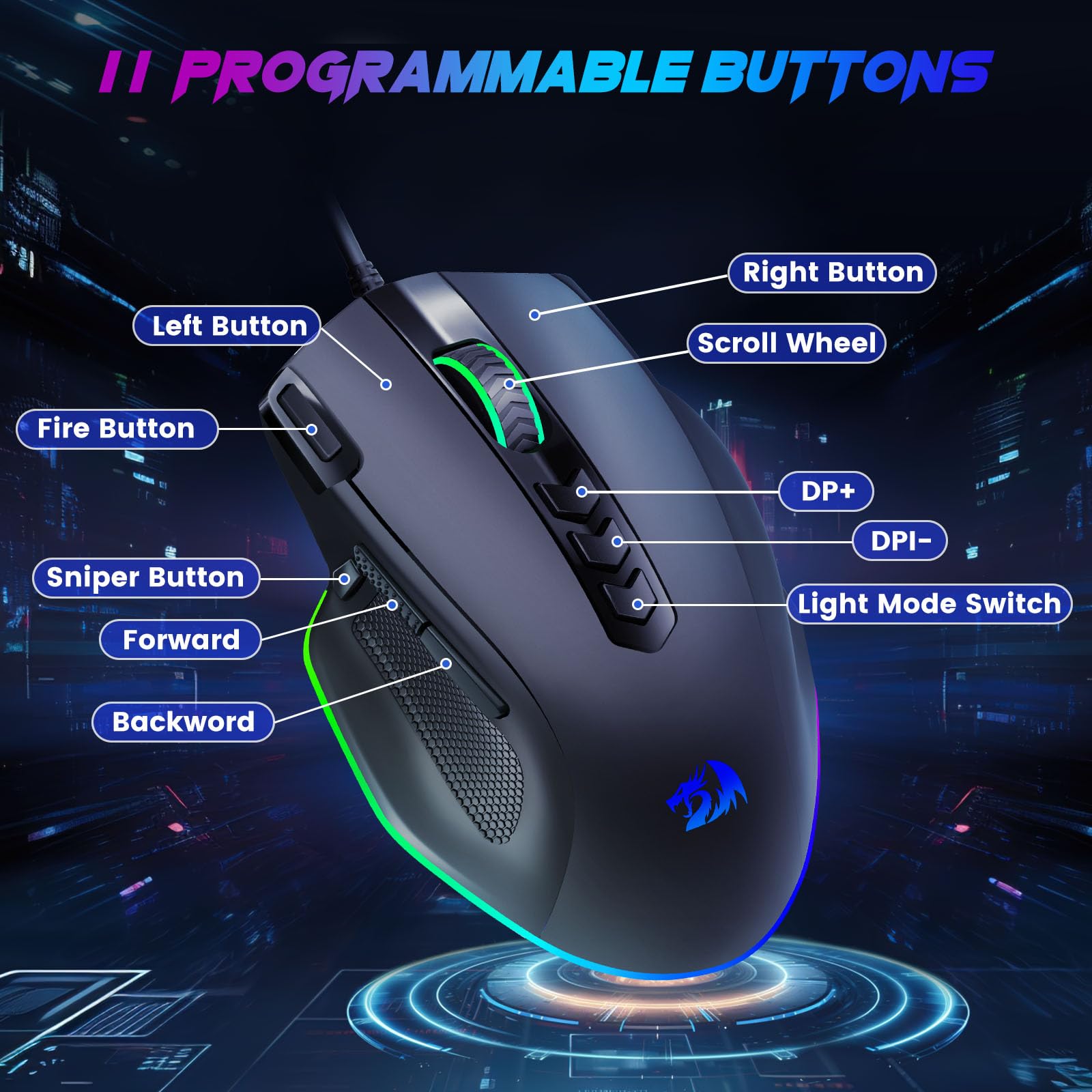 Redragon Wired Gaming Mouse, RGB Backlit Ergonomic Gamer Mouse Up to 8000 DPI, 11 Programmable Buttons & 7 Backlit Modes, Extra Sniper Button, Mouse Gamer for Windows PC Gamers, M614