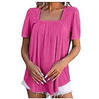 Loose Fit Square Neck T Shirt Ladies Hide Belly Pleated Tops Summer Fashion Plain Tee Flowy Puff Sleeve Blouses