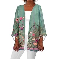 Lightweight Cardigan for Women Summer Casual Blouse Open Front 3/4 Sleeve Kimono Cardigan Printed Beach Cover Up Tops