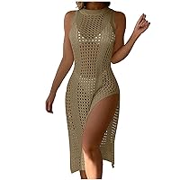 Women Hollow Out Sleeveless Knit Dress Casual Summer Sexy Round Neck Breathable Pullover Dress Side Slit Long Dress