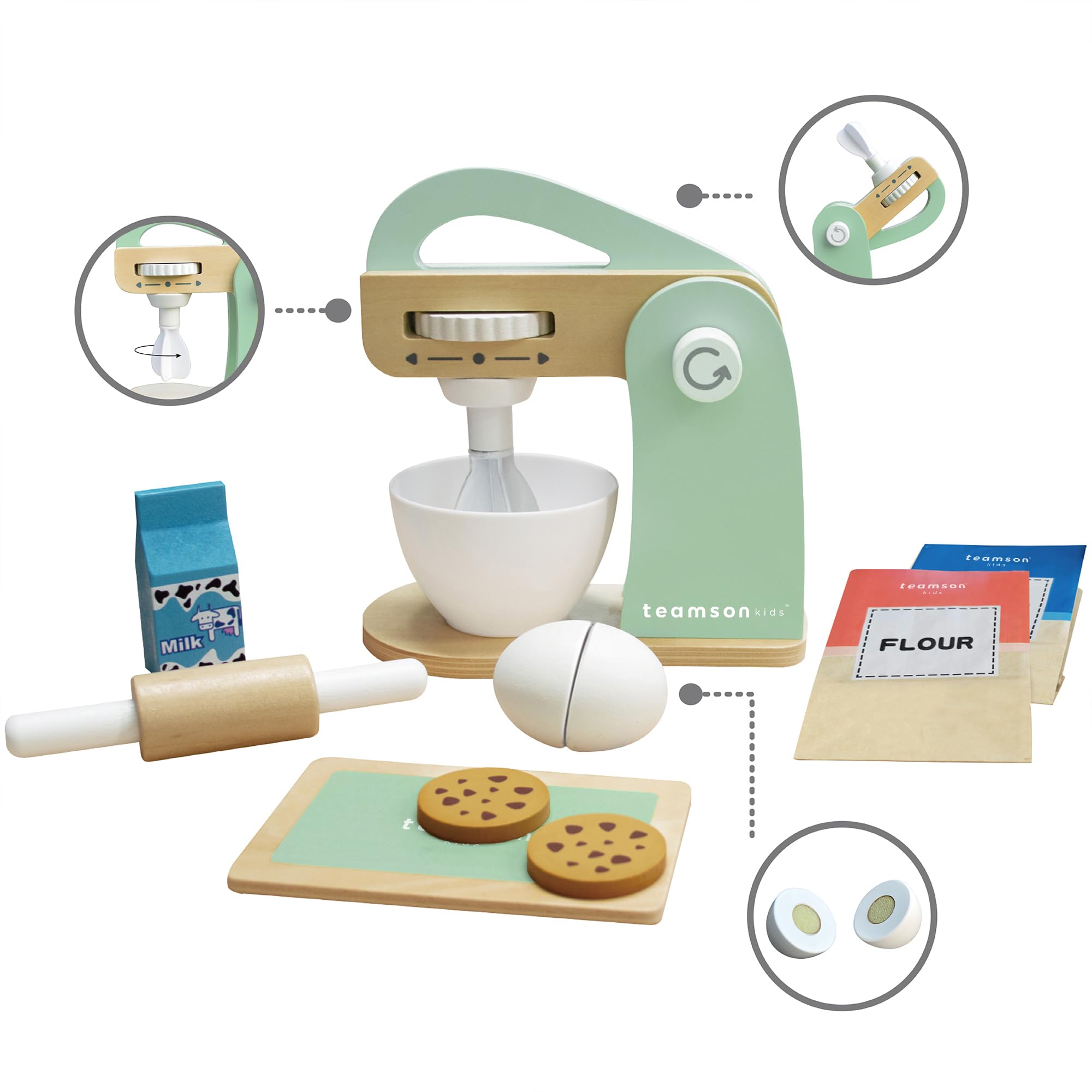 Teamson Kids - Little Chef Frankfurt Wooden Mixer Play Kitchen Accessories - Green- 10 pcs