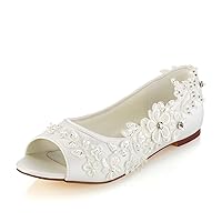 Emily Bridal Wedding Shoes Women's Silk Like Satin Chunky Heel Pumps with Stitching Lace Flower Crystal Pearl