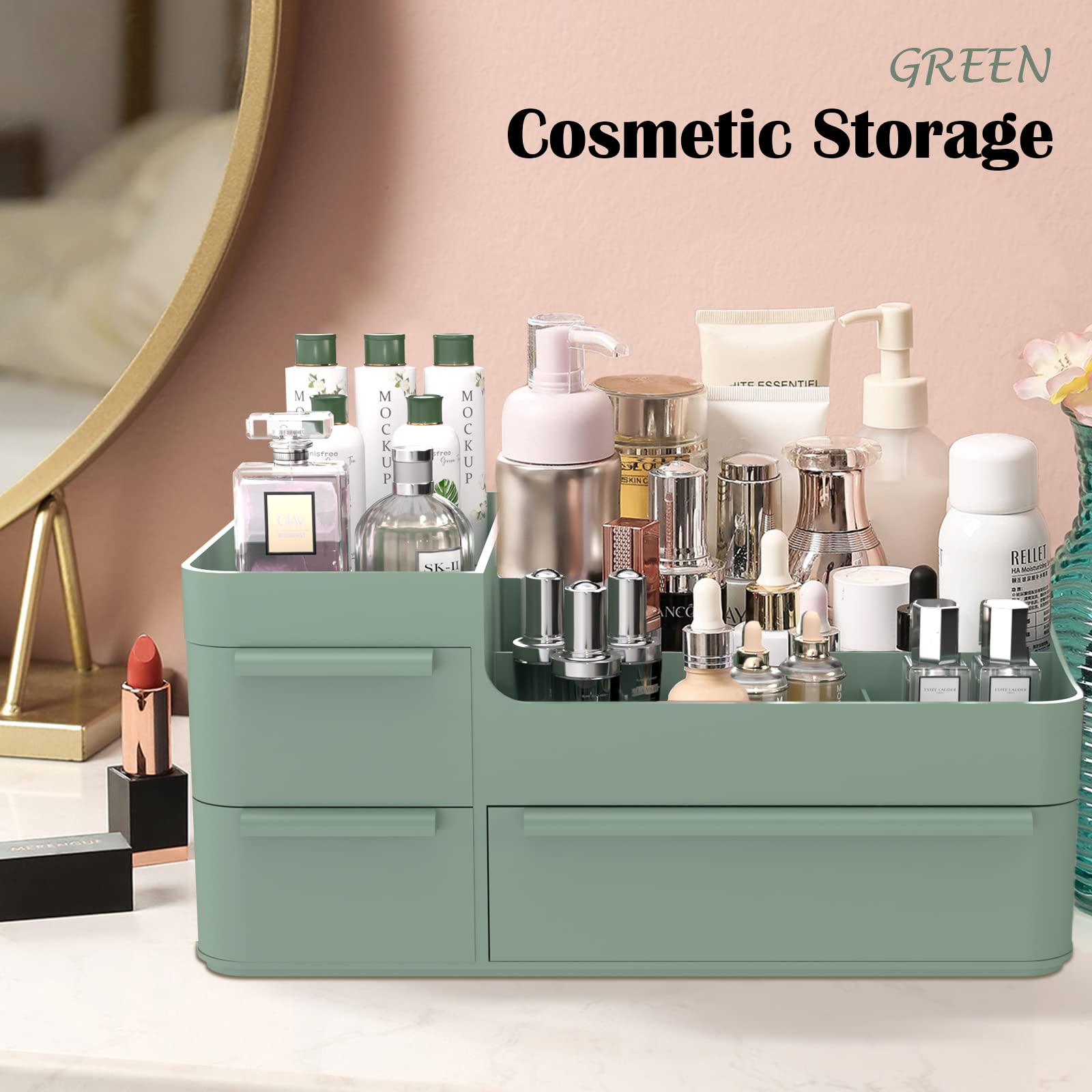 Makeup Organizer with Drawer, Stackable Countertop Organizers and Storage Boxes for Vanity, Bathroom and Bedroom Cosmetics Display Case for Brushes, Lotions, Perfumes, Eyeshadow and Lipstick, Green