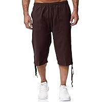 Rela Bota Men's Cotton Linen Pants Casual Beach 3/4 Shorts Summer Trousers Elastic Waist Lightweight