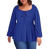 Eytino Womens Plus Size Fall Tops Sexy Sweetheart Neck Long Sleeve Shirred Peplum Blouse Shirts,5X Sky Blue