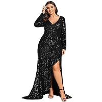Ever-Pretty Women's V-Neck Sequin A-Line Pleated Long Sleeves Midi Plus Size Dress Ball Gowns 50146-DA
