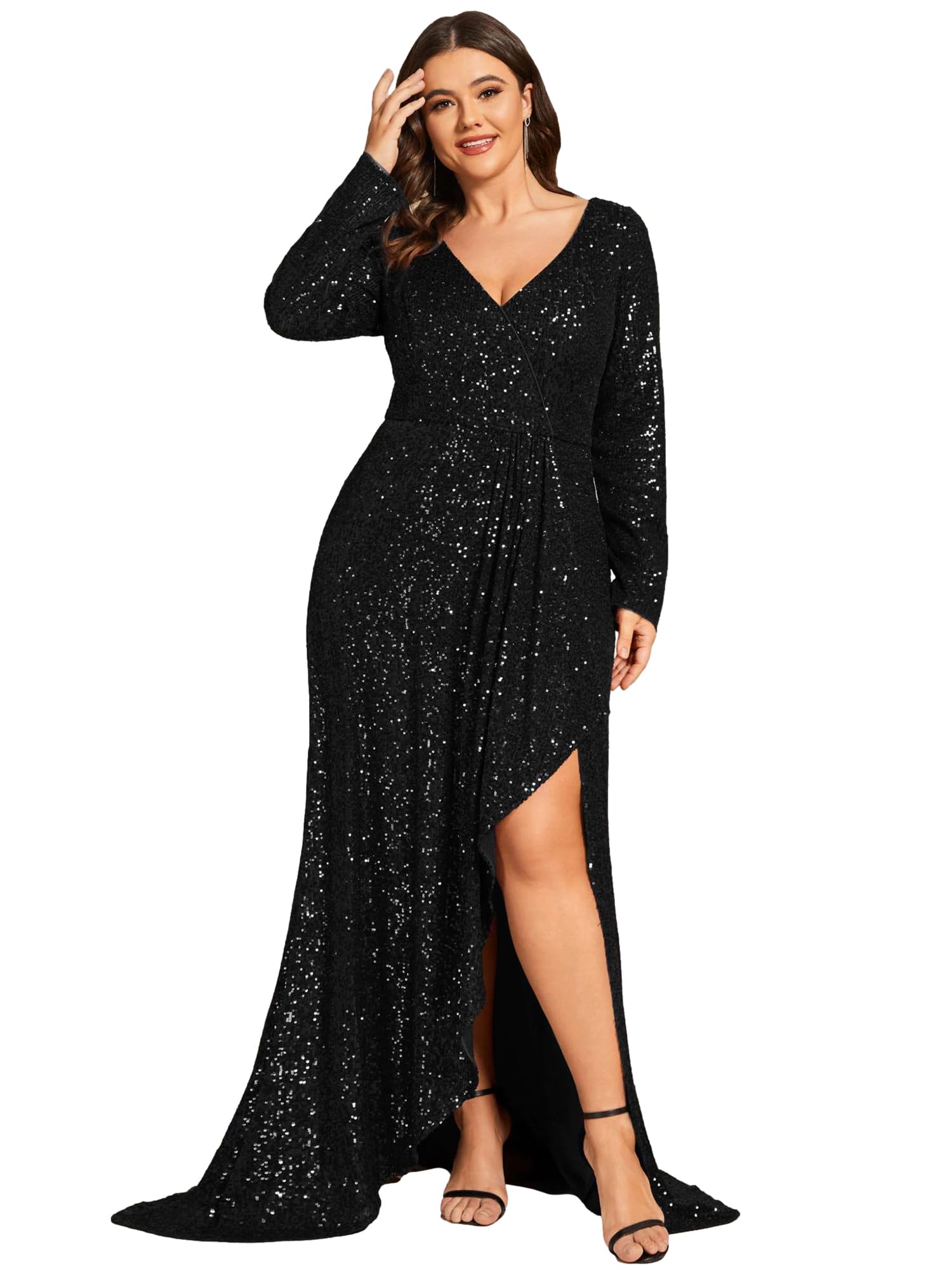 Ever-Pretty Women's V-Neck Sequin Long Sleeve Plus Size Formal Evening Dress 50146
