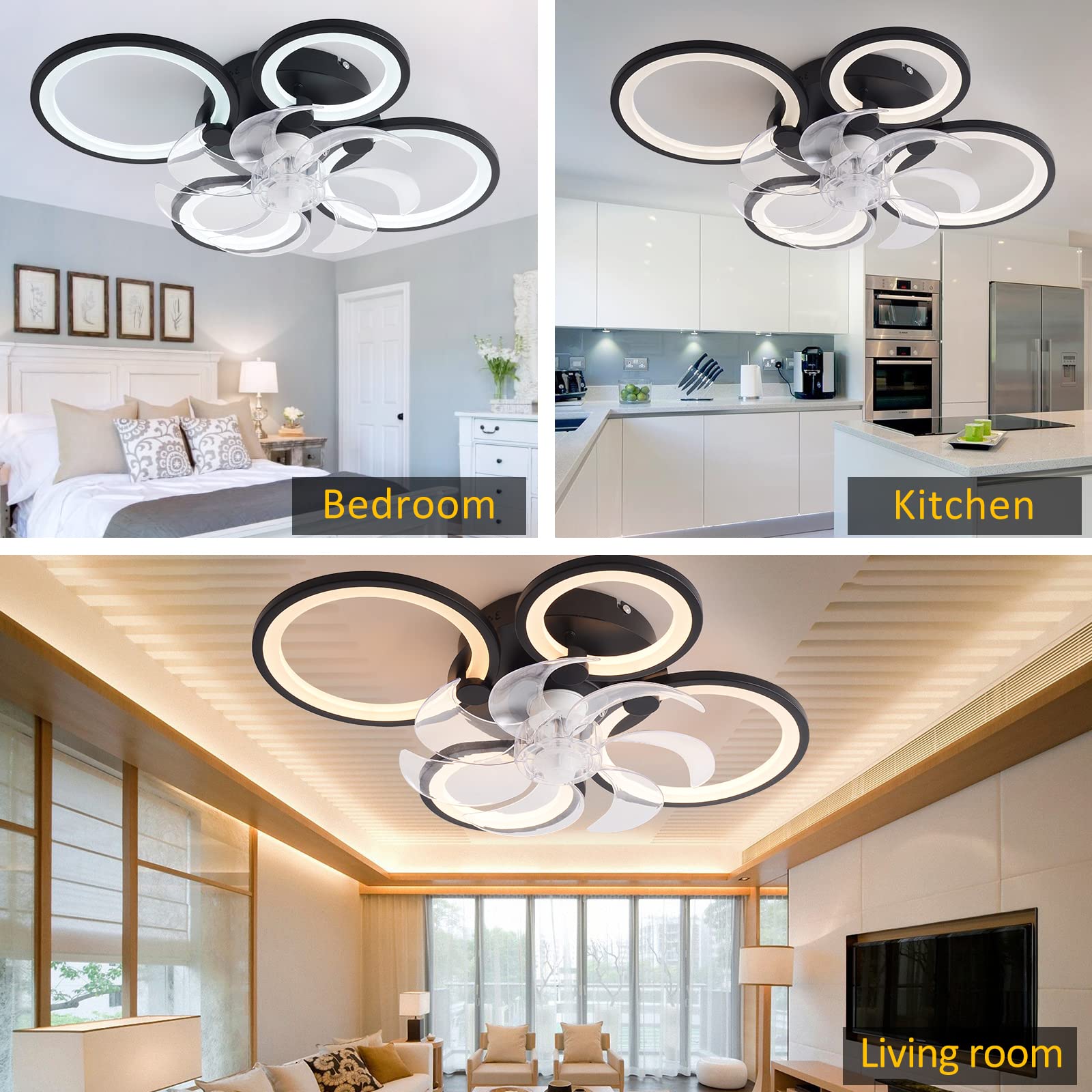 Panghuhu88 Flush Mount Bladeless Ceiling Fan with Light,Modern Low Profile Ceiling Fan Lighting Fixture with Remote Control 6 Speeds,Indoor Outdoor Bedroom Living Room