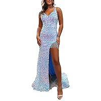 Women's Mermaid Prom Dresses Colorful Sparkly Sequin V Neck Evening Party Dress with Split