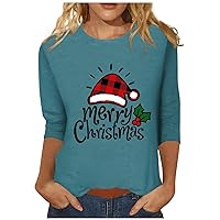 3/4 Sleeve T Shirts for Women Xmas Casual Round Neck Blouses Plus Size Holiday Daily Shirt Sexy Going Out Tops