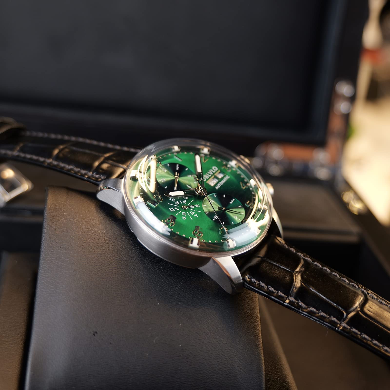 OBLVLO IM-Mut Herrenuhren Multifunktions Automatische Leuchtende Armbanduhr Lederarmband Mechanische wasserdichte Modeuhr für Männer
