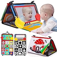 Tummy Time Baby Mirror Infant Toys Newborn Toys 0 3 Months Brain Development with Crinkle Cloth Book and Teether Black and White High Contrast Baby Toys 4 6 9 12 Month Boys Girls Crawling Sensory Toy