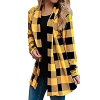 Womens Fall Fashion 2023 My Orders Placed Recently By Me Cardigan for Women Casual Plaid Long Sleeve Open Front Shirts Printed Plus Size Tops Loose Fit Lightweight Jackets(K-Yellow,Medium)