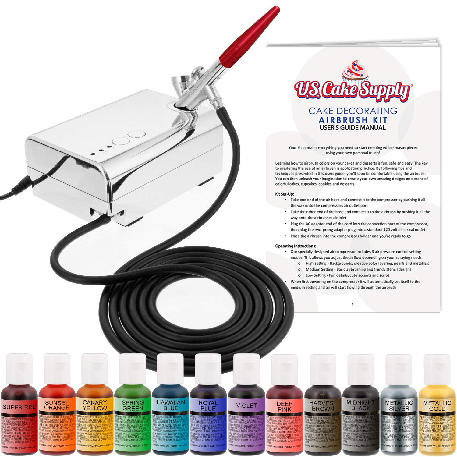 U.S. Cake Supply - Complete Cake Decorating Airbrush Kit with a Full Selection of 12 Vivid Airbrush Food Colors - Decorate Cakes, Cupcakes, Cookies...