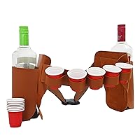 Liquor Holster - Liquor Belt - Shot Holder - Version 3.0 Holds 5 Shot Glasses And 2 Bottles - 12 (2oz) Red Shot Plastic Cups Included (Brown)