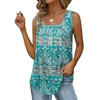 Womens Summer Boho Floral Sleeveless Blouse Pleated Tank Top Shirts Square Neck Loose Fit