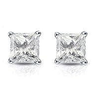 14K White Gold Plated Push Back Princess Brilliant Cut Simulated Diamond White CZ Solitaire Stud Earrings For Women