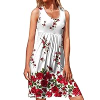Womens Dresses Spring Plus Size,Women Casual Loose Tanks Dress Summer Print Dress Pleated Sleeveless Sun Dress