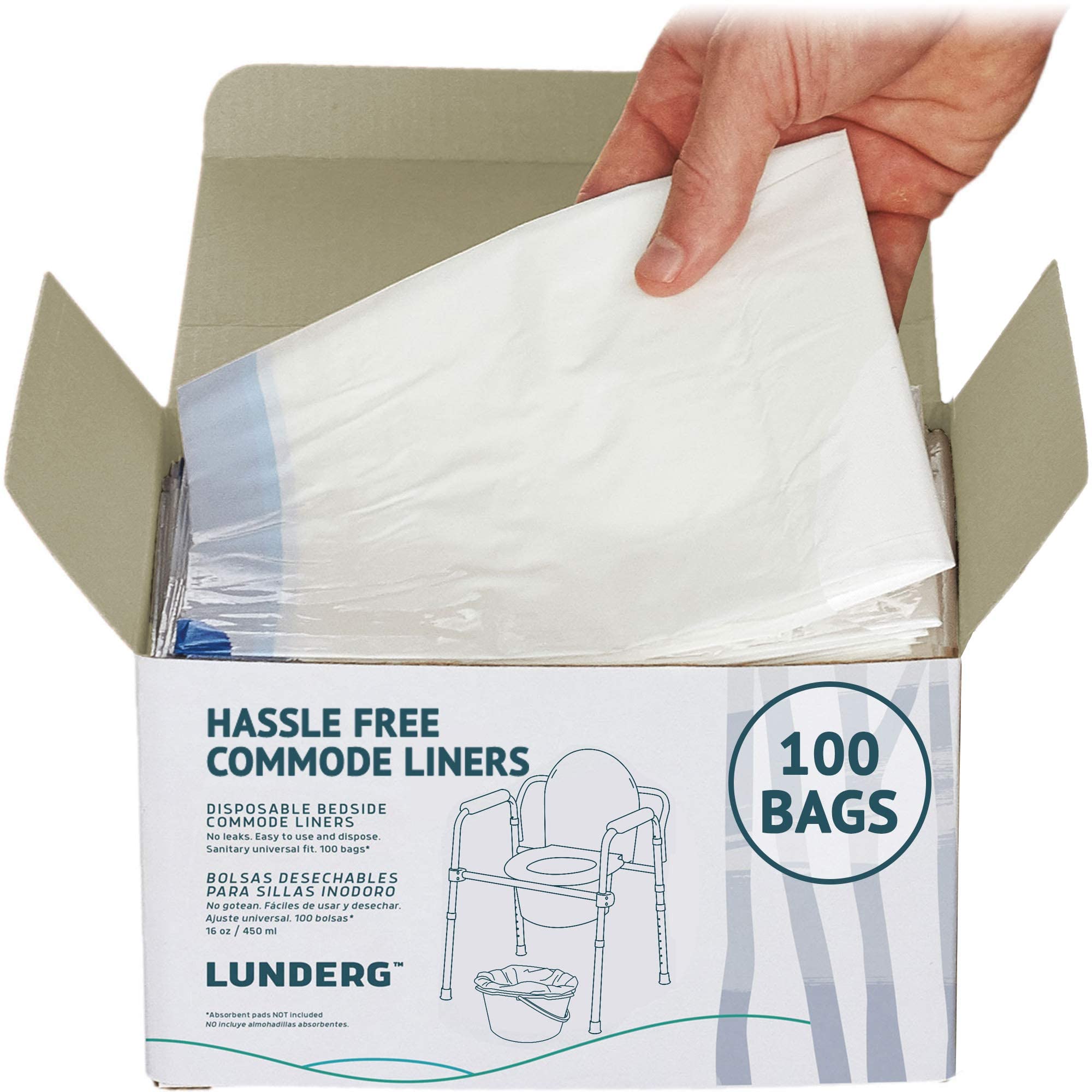 Lunderg Commode Liners - Value Pack 100 Count Universal Fit - Medical Grade Bedside Liners Disposable for Adult Commode Chair, Portable or Camping Toilet Bags