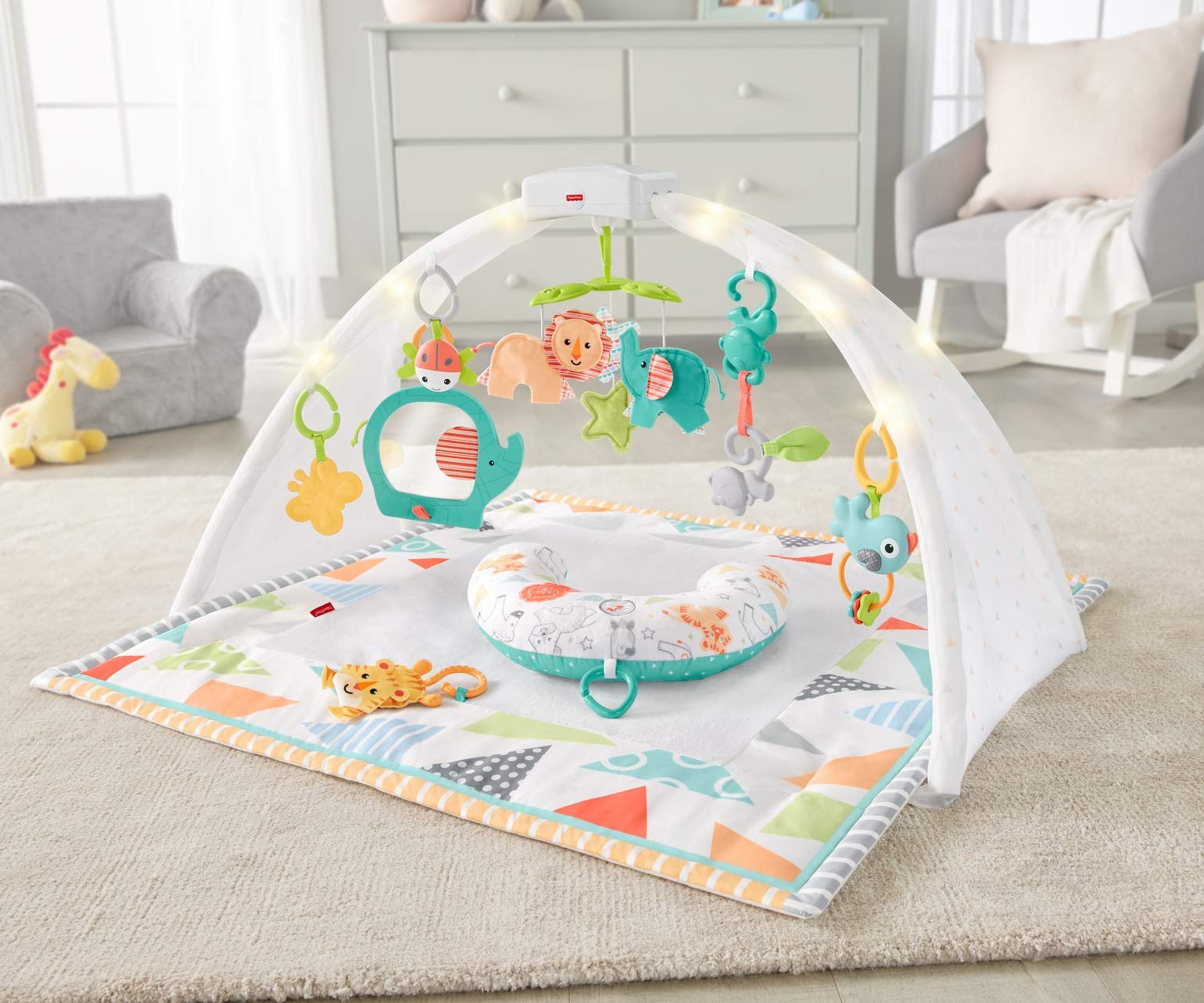 Fisher-Price Safari Music & Lights Gym Tummy Time Playmat with Take-Along Toys for Newborns from Birth and Older