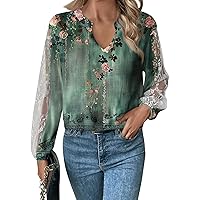 2024 Long Sleeve Sexy Women’s Tops Casual Loose V Neck T-Shirt Cute Printed Lace Sleeve Tunic Top