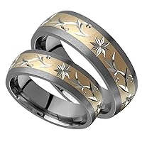 Uma Two Tone Titanium Ring 14kt Yellow Gold Sand Paper 7mm Wide Engagement Band Set for Him Her