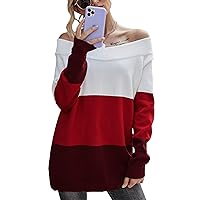Women's Sweaters Dress Oversized Long Sleeve Sexy Off Shoulder Color Block Pullover Knit Sweater Tops