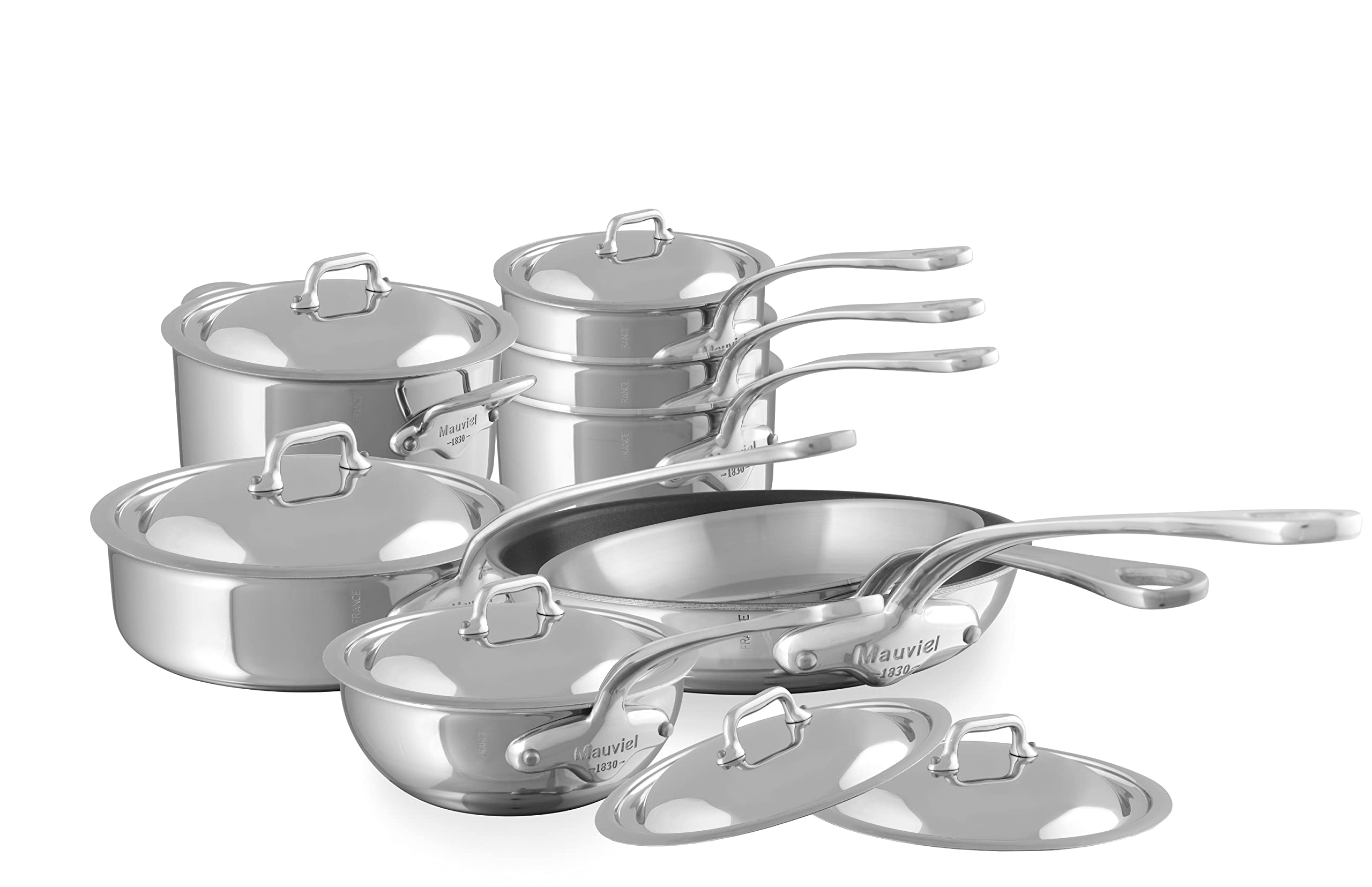 Mauviel M'Cook 5-Ply Polished Stainless Steel 14-Piece Cookware Set With Cast Stainless Steel Handles, Made In France