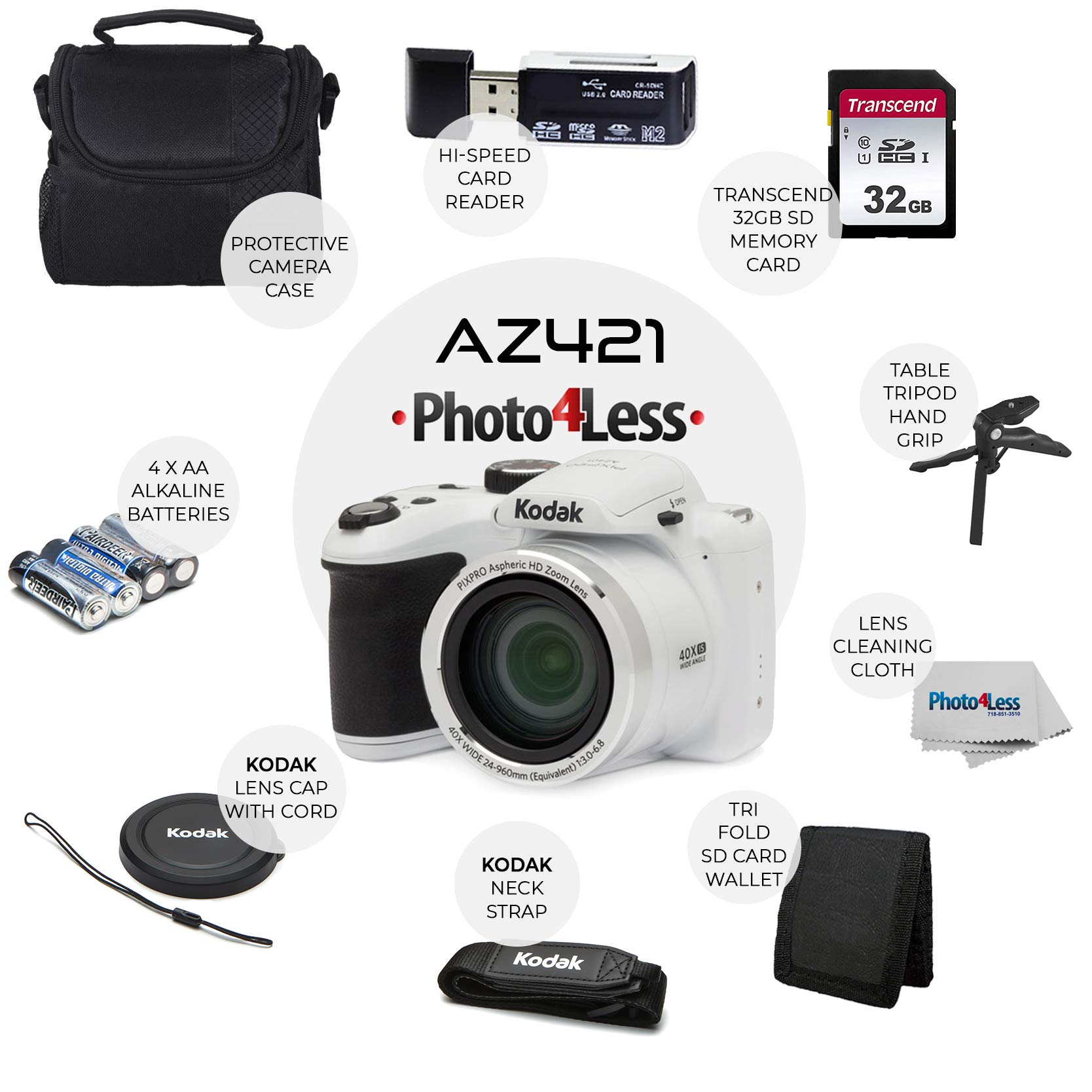 Kodak PIXPRO AZ401 Astro Zoom 16MP Digital Camera (White) + Camera Case + Transcend 16GB SDHC Class10 UHS-I Card 400X Memory Card + USB Card Reader + Table Tripod + Accessories