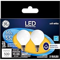 GE LED Light Bulbs, 60 Watt, Soft White, G16 Globe Bulbs, Frosted, Small Base (2 Pack)
