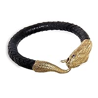 NOVICA Artisan Handmade Men's Leather Amethyst Braided Bracelet Black Brass Snake Purple Indonesia Animal Themed Birthstone 'Golden Baru Klinting'