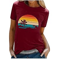 Bring On The Sunshine Shirt Women Casual Palm Tree Print Tops Summer Short Sleeve Tee Tropical Hawaiian Beach Shirts