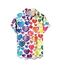 Valentine's Day Hawaiian Shirt for Men Classic-Fit Short Sleeve Button Down Shirts Vacation Beach Heart Print Tops