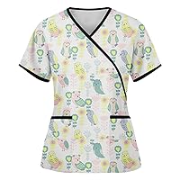 Funny Printed Scrub Tops Women Stretchy Patterned Crew Neck T-Shirt Plus Size Short Sleeve T Shirt Dress Women