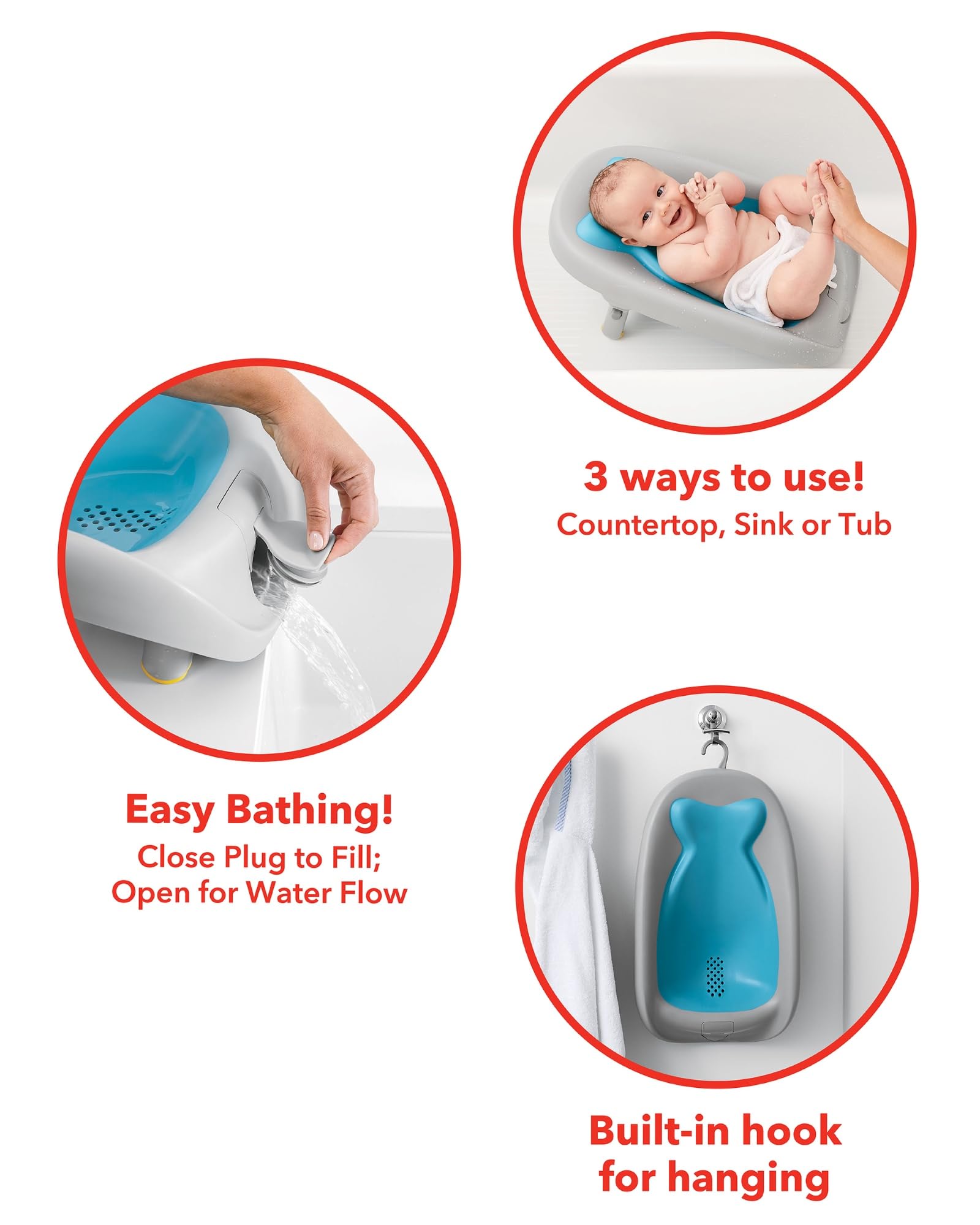 Skip Hop Baby Bath Tub, Moby Recline and Rinse & Baby Bath Rinse Cup, Moby Tear-Free Waterfall Rinser, Blue