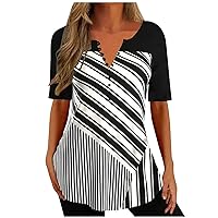 Women Chinese Button Pullover Tunic Tops Fashion Stripe Color Block Short Sleeve V Neck T-Shirts Fashion Casual Tees