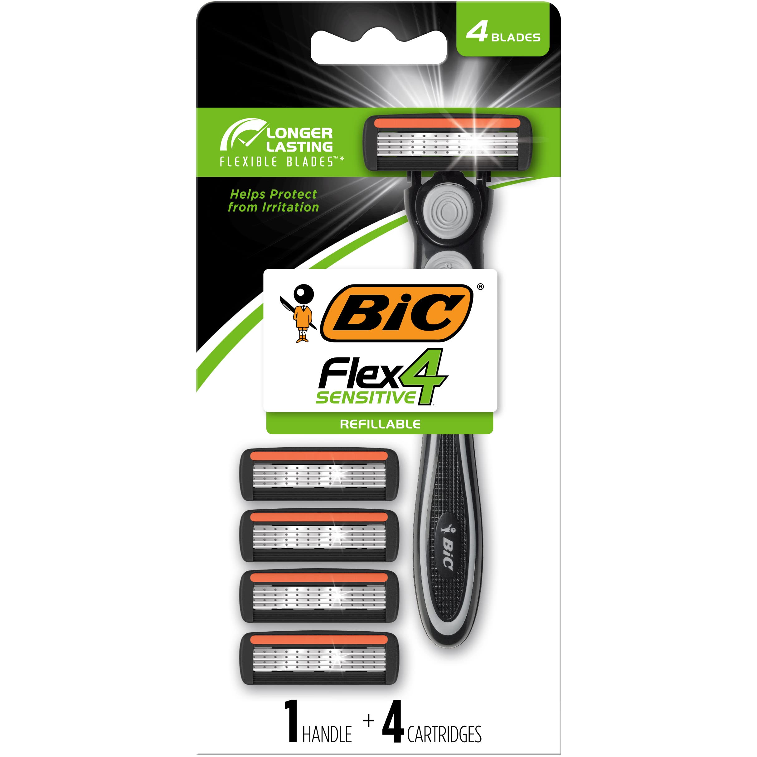 BIC Flex 4 Refillable Men's Disposable Razors, For a Smooth, Ultra-Close and Comfortable Shave, 1 Handle and 4 Cartridges, 5 Piece Razor Set