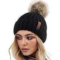 Womens Winter Knitted Beanie Hat with Faux Fur Pom Warm Knit Skull Cap Beanie for Women…