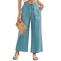 JASAMBAC Women's Linen Palazzo Lounge Pants High Waist Straight Wide Leg Summer Beach Causal Trousers with Double Belts