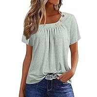 Short Sleeve Henley Shirts for Women,Womens Tops Summer Button Solid Color Ruched Short Sleeve Loose Shirts Basic Dressy Blouse Ladies 2024 Outfits Workout Tops for Women