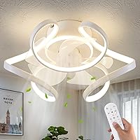 Ceiling Fan with Light Remote Control, 6 Speeds 3 Colors Geometric Bladeless Ceiling Fan with Lights, White Low Profile Flush Mount Ceiling Fan for Kitchen Living Room Bedroom
