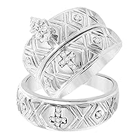 Dazzlingrock Collection 0.14 Carat (ctw) Marquise & Round White Diamond Intricate Design and a Traditional Cross Matching Couple Trio Ring Set| 10K White Gold