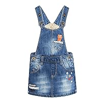 KIDSCOOL SPACE Baby Little Girls Fox Flowers Embroidered Lace Denim Overall Dress