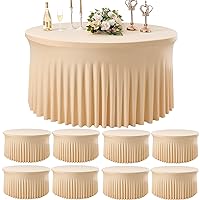 8 Pack Champagne Spandex Round Tablecloths for 72 inch Table, 132inch Stretchy Wrinkle Free Fitted Table Cloths 6ft Round Tablecovers for Wedding Birthday Parties Banquet